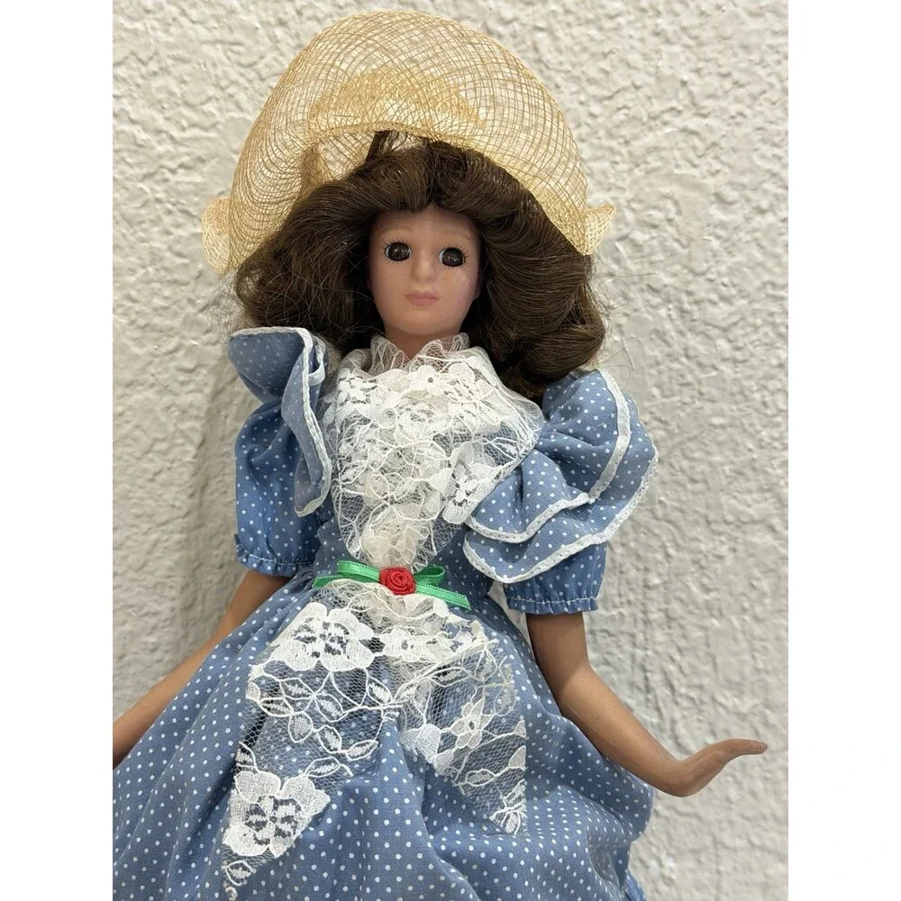 Vintage Porcelain Doll Blue Polka Dot Lace Dress Straw Hat Brunette Display